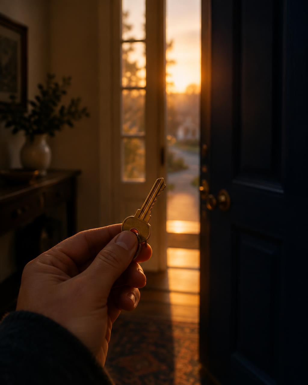A hand holding a brass key in front of a door open to warm dusk light